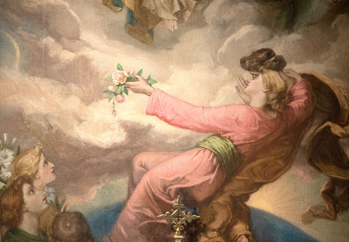 Détail d'un tableau où on trouve deux personnages féminins, dont l'une tend la main tenant des roses. D'autre personnages observent ce geste du coin de l'image.