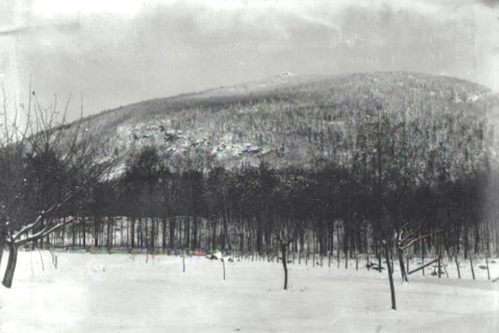 Paysage de Saint-Hilaire, où on voit pommiers et érables en hiver le long de la montagne.