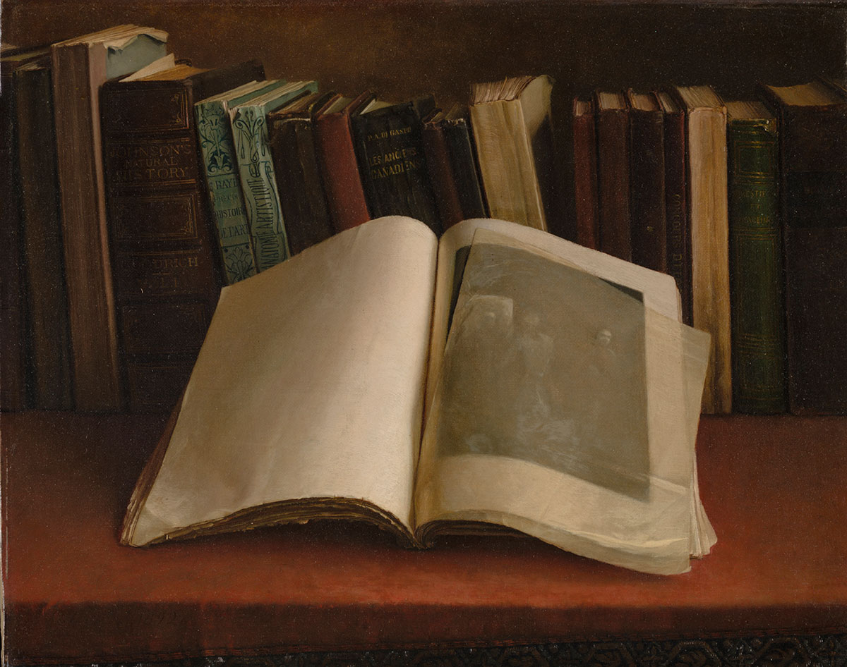 Painting showing an open book on a table, in front of a vertical row of books. One of the pages of the open book shows an illustration of two figures, covered with a thin sheet of translucent paper.