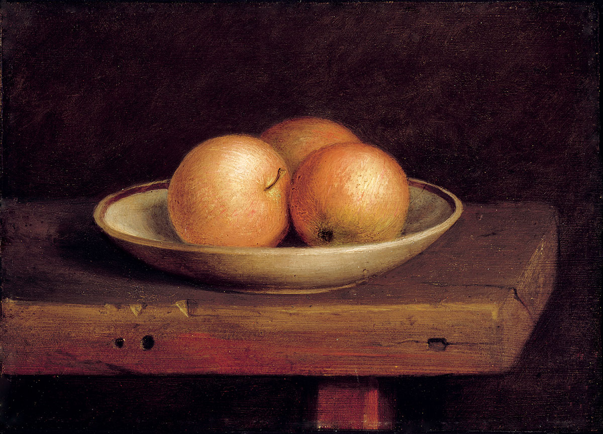 Detail of a painting showing three apples in a bowl, on one end of a wooden stool.