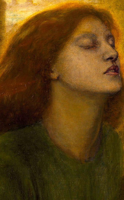 Détail d'un tableau où on voit le visage d'une femme aux yeux fermés et baignée d'une lumière dorée, entourée d'un cadran solaire et d'un personnage mystérieux aux contours imprécis.