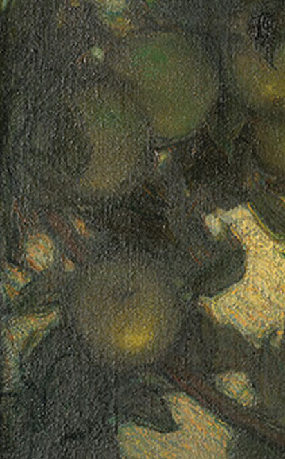 Détail d'un tableau illustrant le plan rapproché d'un pommier chargé de fruits, avec à l'arrière l'horizon baigné d'une douce lumière de fin de jour.