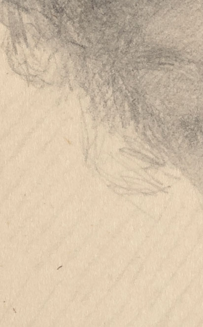 Détail d'un dessin au crayon à la mine de plomb de deux têtes d'une même femme. La première penchée vers l'avant, les yeux fermés, la seconde regardant devant elle.