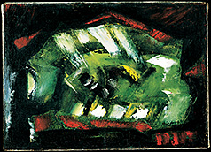 Paul-Émile Borduas, Abstraction verte. Composition abstraite formée de traits blancs et vert au cadre rouge sur fond noir.